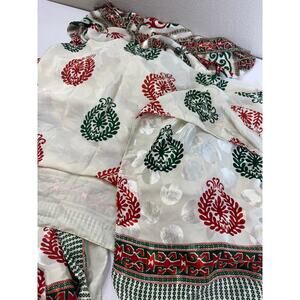 Vintage silk feel fabric 5‎ yards Soft Flowy Ethnic Sheer Red Green Cream